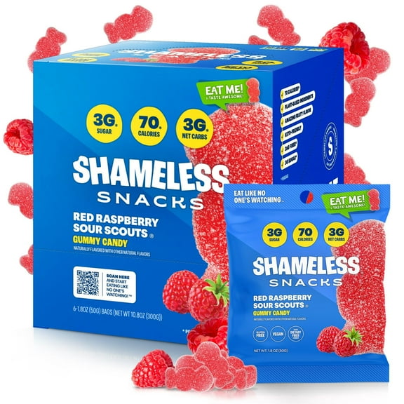 Shameless Snacks - Healthy AIF9 Low Calorie Snacks, Low Carb Keto Gummies (Gluten Free Candy) - 6 Pack Red Raspberry Sour Scouts