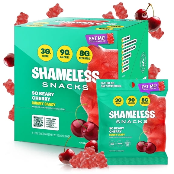 Shameless Snacks So Beary Cherry - Cherry Gummy Bears, Gummy Candy & Fruit Snacks, Keto Snacks Low Sugar Candy in Bulk, 3g Sugar Gluten Free Vegan for Kids & Adults