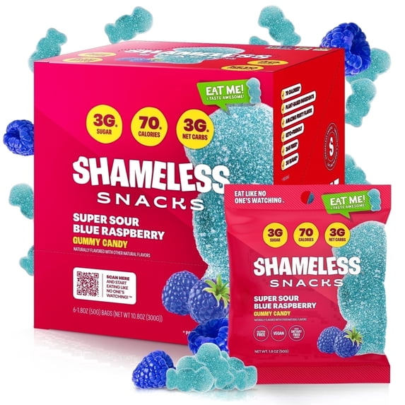 Shameless Snacks Super Sour Blue Raspberry - Sour Candy & Fruit Snacks, Gummy Candy, Keto Snacks in Bulk, 3g Sugar Gluten Free Vegan for Kids & Adults