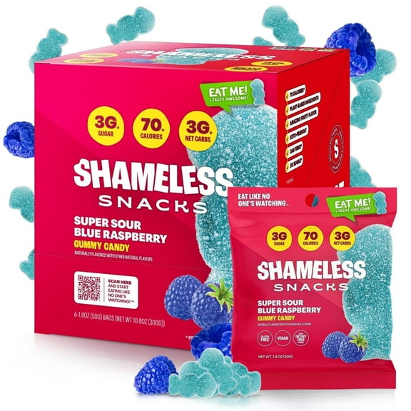 Shameless Snacks - Healthy Low Calorie Snacks, Low Carb Keto Gummies (Gluten Free & Non GMO Candy) - 6 Pack Sour Blue Raspberry