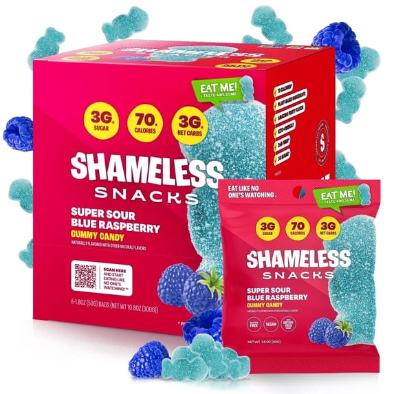 Shameless Snacks - Healthy Low Calorie Snacks, Low Carb Keto Gummies (Gluten Free & Non GMO Candy) - 6 Pack Sour Blue Raspberry