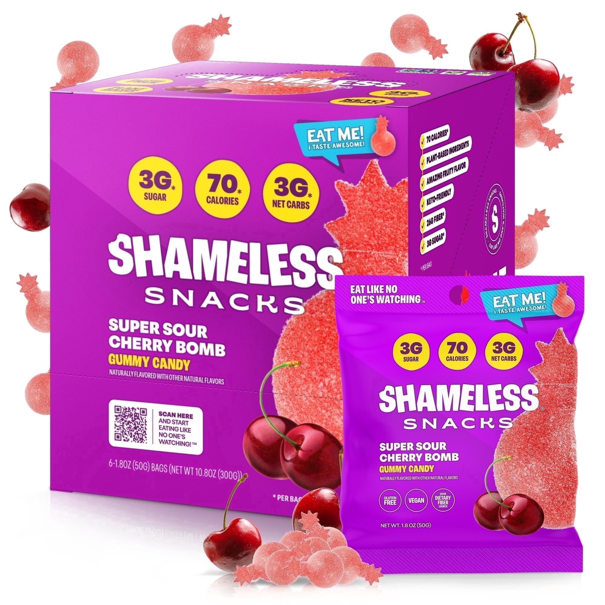 Shameless Snacks Sour Cherry Bomb - Sour Candy & Fruit Snacks, Cherry Gummy Candy, Keto Snacks Low Sugar Candy in Bulk, 3g Sugar Gluten Free Vegan for Kids & Adults