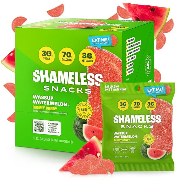 Shameless Snacks - Healthy Low Calorie Snacks, Low Carb Keto Gummies (Gluten Free & Non GMO Candy) - 6 Pack Wassup Watermelon