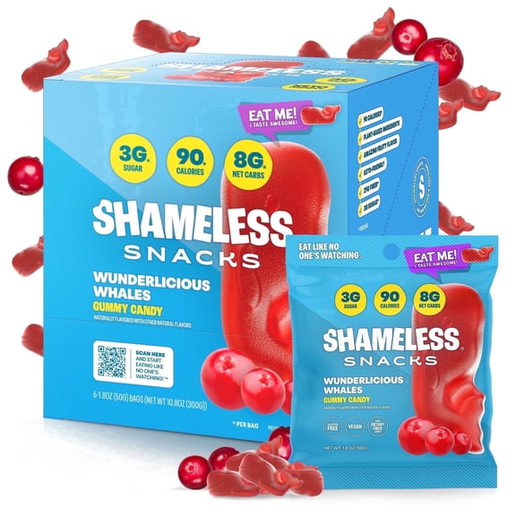 Shameless Snacks Wunderlicious Whales - Blueberry Gummy Bears, Gummy Candy & Fruit Snacks, Keto Snacks in Bulk, 3g Sugar Gluten Free Vegan for Kids & Adults