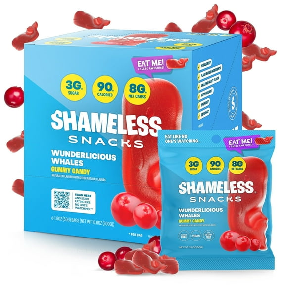 Shameless Snacks - Healthy Low Calorie Snacks, Low Carb Keto Gummies (Gluten Free & Non GMO Candy) - 6 Pack Wunderlicious Whales