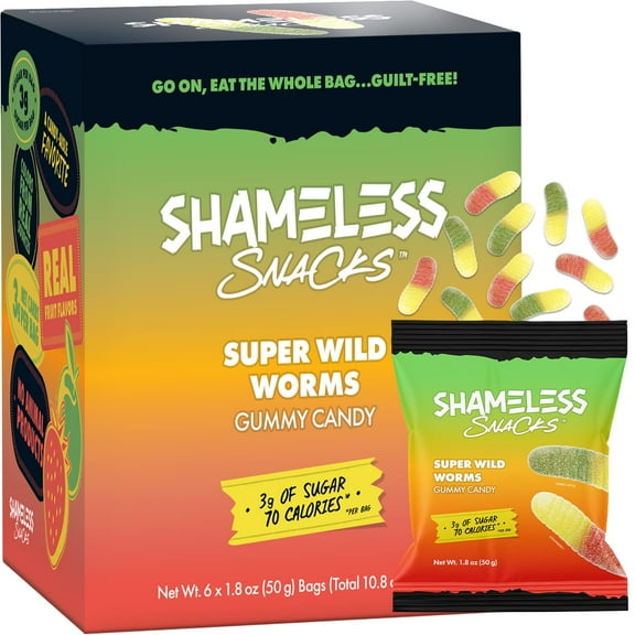 Shameless Snacks - Healthy Low MDA05Calorie Snacks, Low Carb Keto Gummies (Gluten Free Candy) - 6 Pack Super Wild Worms
