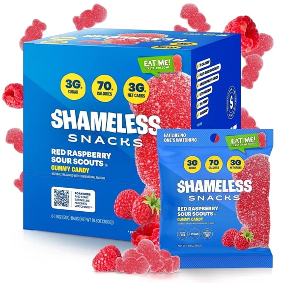 Shameless Snacks - Healthy Low Calorie Snacks, Low Carb Keto Gummies (Gluten Free & Non GMO Candy) - 6 Pack Red Raspberry Sour Scouts