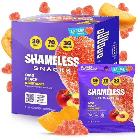 Shameless Snacks - Healthy Low Calorie Snacks, Low Carb Keto Gummies (Gluten Free) - 6 Pack OMG Peach