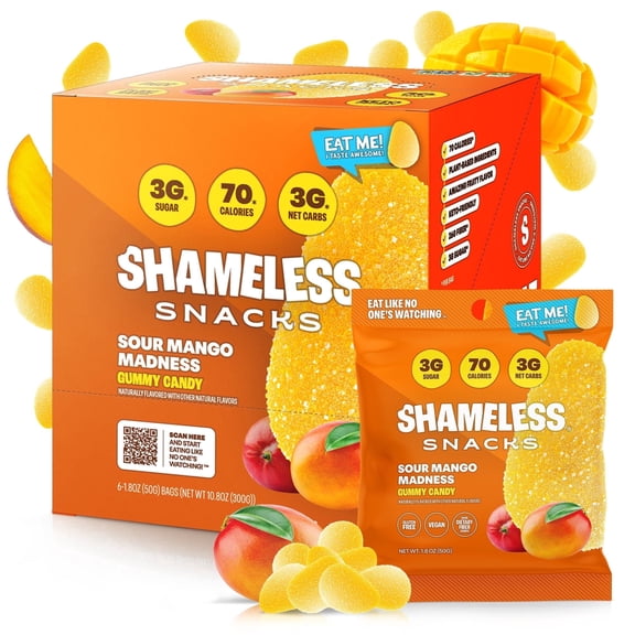 Shameless Snacks Sour Mango Madness - Sour Candy & Fruit Snacks, Tropical Mango Gummy Candy, Keto Snacks in Bulk, 3g Sugar Gluten Free Vegan for Adults