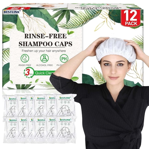 Shampoo Caps No-Rinse Waterless 12 Pack Disposable Hair Wash Caps for Elderly, Hospital & Camping