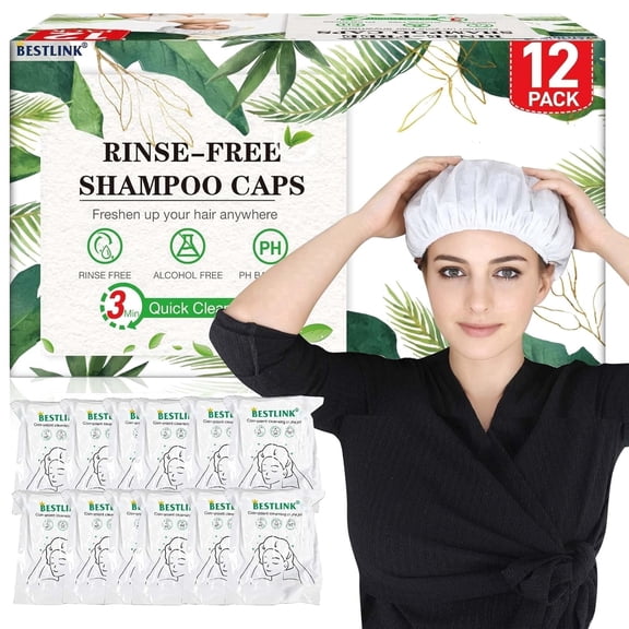 Shampoo Caps No-Rinse Waterless 12 Pack Disposable Hair Wash Caps for Elderly, Hospital & Camping