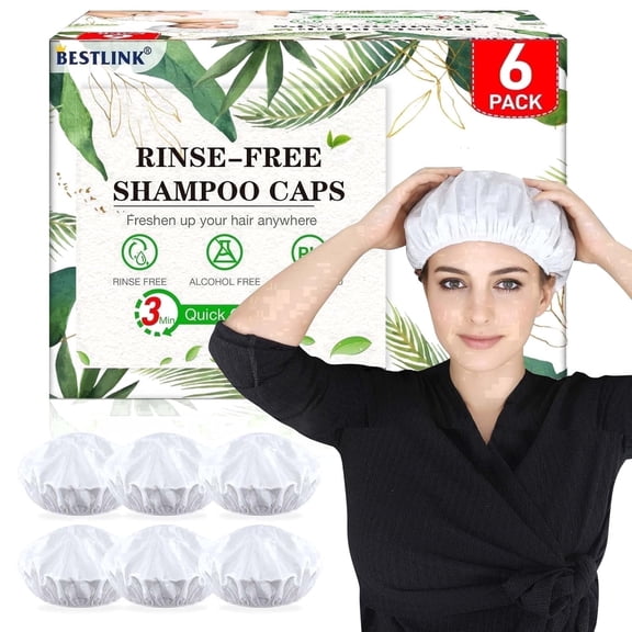 Shampoo Caps No-Rinse Waterless 6 Pack Disposable Hair Wash Caps for Elderly, Hospital & Camping