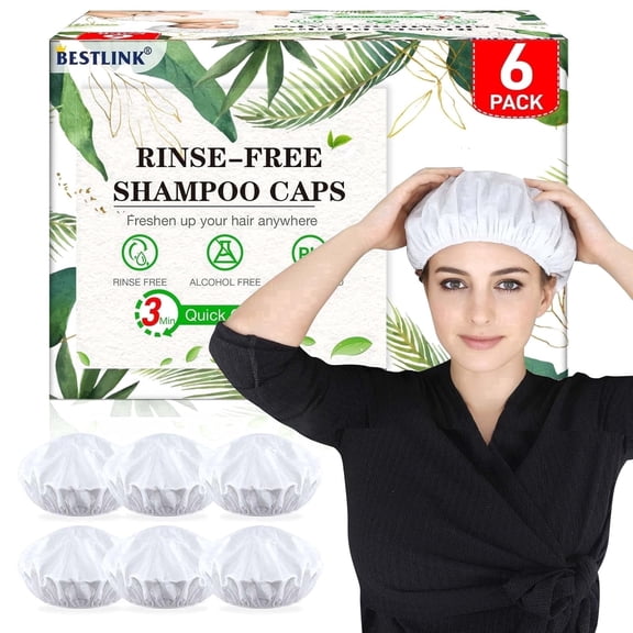 Shampoo Caps No-Rinse Waterless 6 Pack Disposable Hair Wash Caps for Elderly, Hospital & Camping