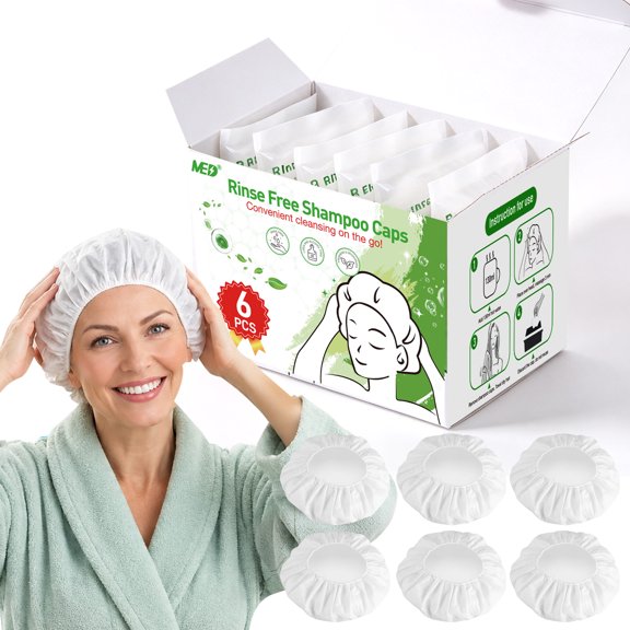 Shampoo Caps No Rinse Waterless Hair Washing Shower Caps 6 Packs for Elderly, Women, Hospital, Camping