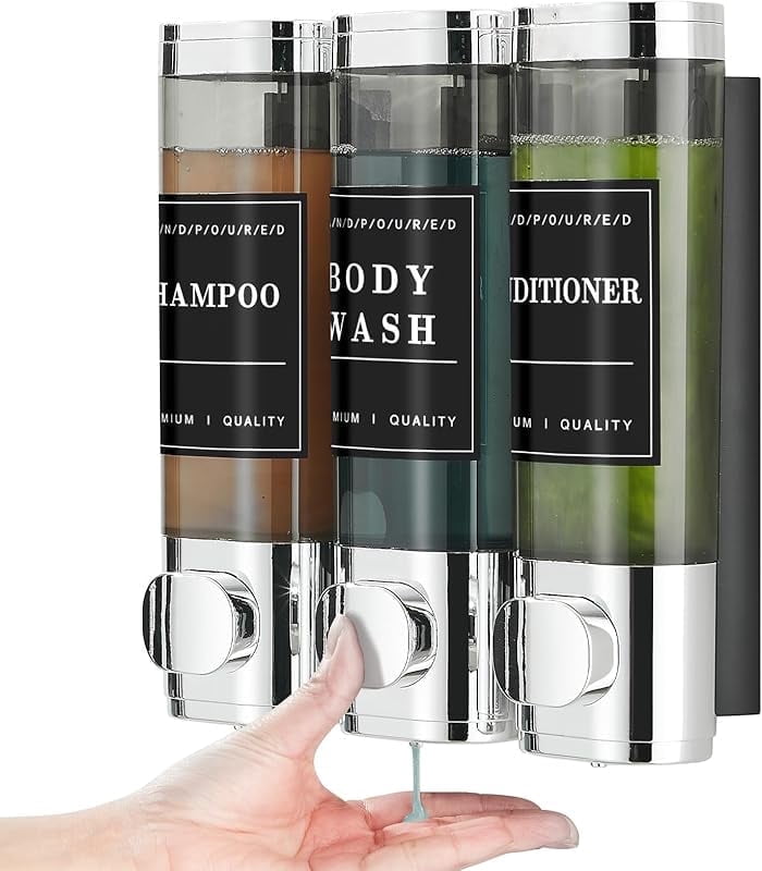 Carmujin 3 Chamber Shower Soap Dispenser, No Drill Wall Mounted Bathroom Organizer