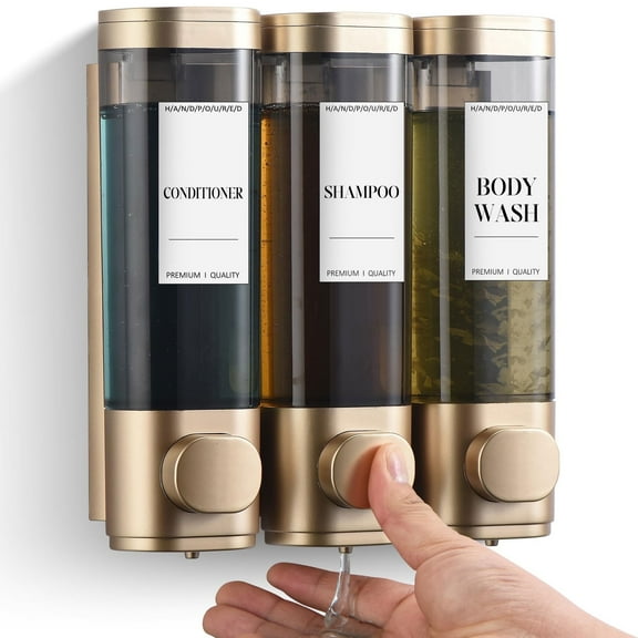 Shampoo and Conditioner DispenserRefillabe Shower Soap Dispensers 3 Chamber No Drill Shampoo Dispenser for Shower Wall Mounted 3 * 300ml Container for Bathroom Hotel (Gold 3 Chamber)