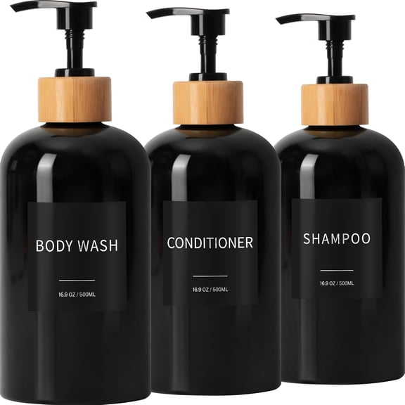 Shampoo and Conditioner Dispenser, Refillable Plastic Shampoo Pump Bottles with Waterproof Labels, Empty Body Wash Dispenser Set for Bathroom, Shower Soap Bottles (Black, Set of 3, 16.9oz)
