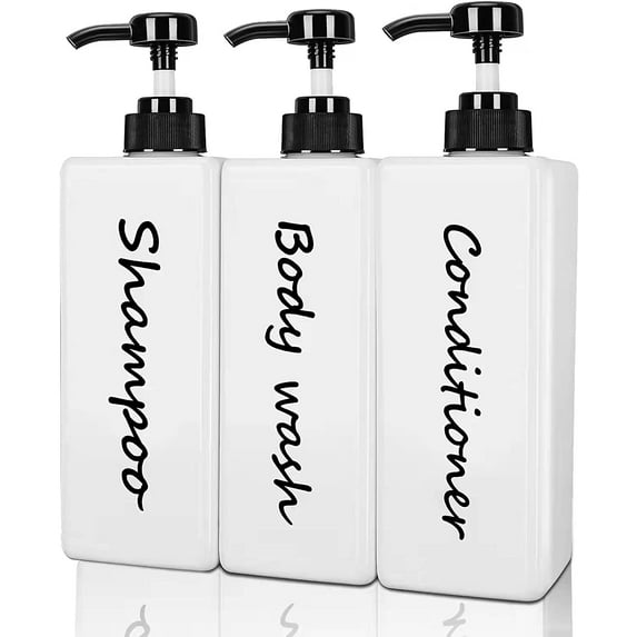 Shampoo and Conditioner Dispenser (Set of 3, 21oz) Modern Refillable Pump Bottles for Shower Soap - Empty Body Wash Set Bathroom