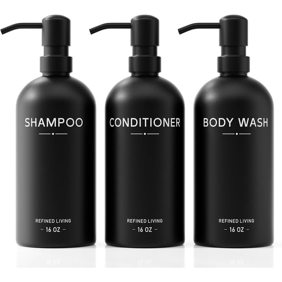 Shampoo and Conditioner Dispenser Set,3 Refillable 16oz Bottles with Stainless Steel Pumps – Shower Soap Dispensers for Bathroom, Hotel or Airbnb (Black, 3-Pack)