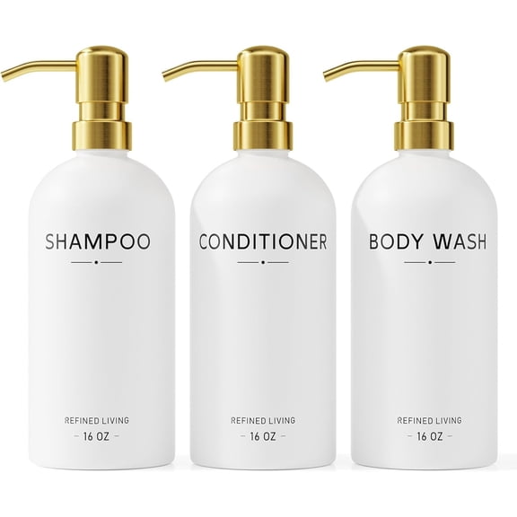 Shampoo and Conditioner Dispenser Set,3 Refillable 16oz Bottles with Stainless Steel Pumps – Shower Soap Dispensers for Bathroom, Hotel or Airbnb (Gold, 3-Pack)