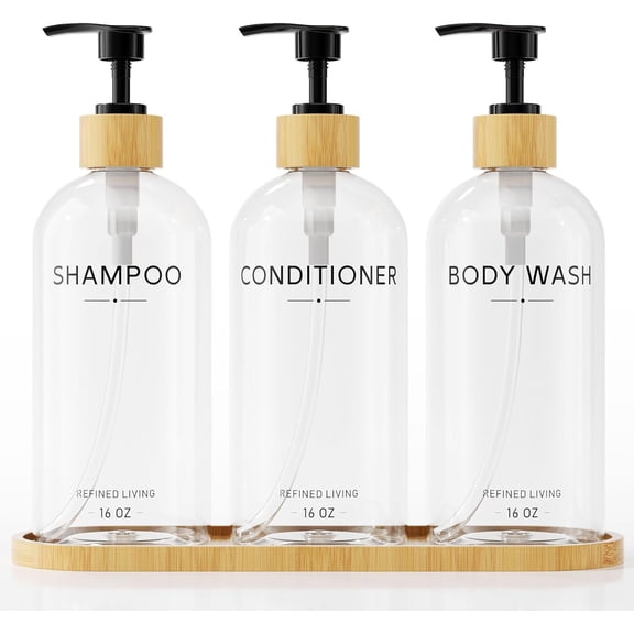 Shampoo and Conditioner Dispenser Set,Shower Soap Dispenser for Bathroom,Refillable Shampoo and Conditioner Bottles with Bamboo Pump and Tray,Soap Dispenser Bathroom for Shower (Transparent, 3-Pack)