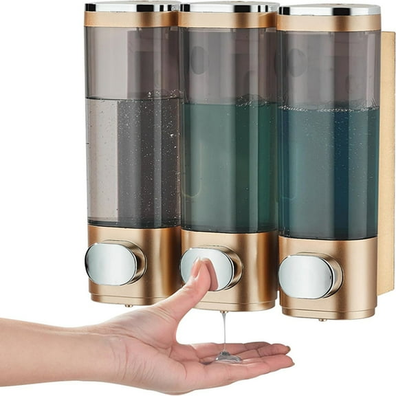 Shampoo and Conditioner Dispenser, Shower Soap Dispenser 3 Chamber No Drill Shampoo Dispenser for Shower Wall Mounted Shampoo Conditioner Body Wash Dispenser for Bathroom, Hotel Gold