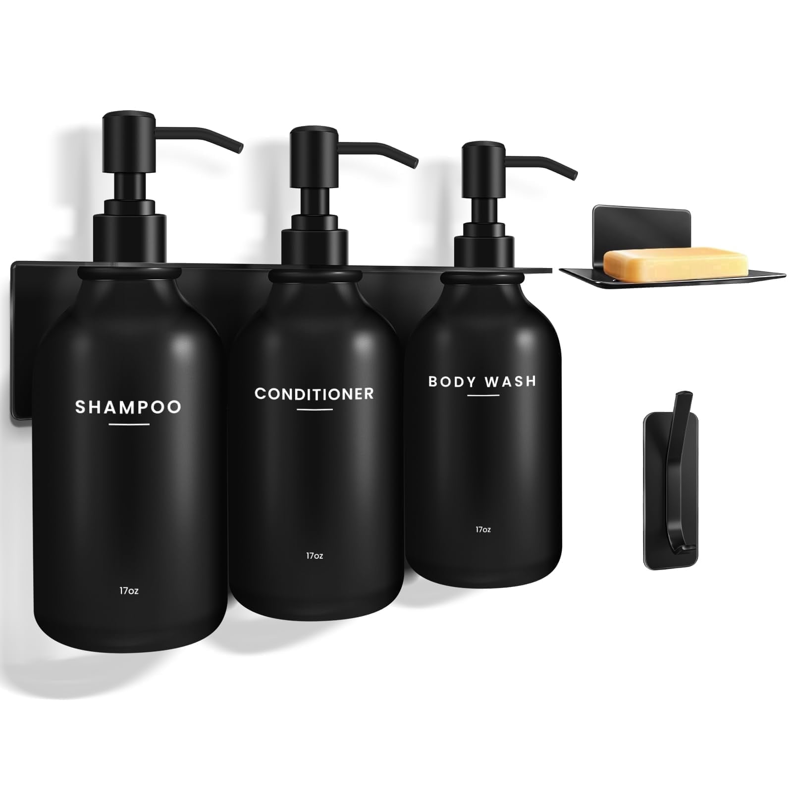 Shampoo and Conditioner Dispenser - Shower Soap Dispenser Wall Mounted - 17 fl oz Set of 3 Black Plastic Bottles Black Pump - Shampoo Dispenser, Shower Dispenser