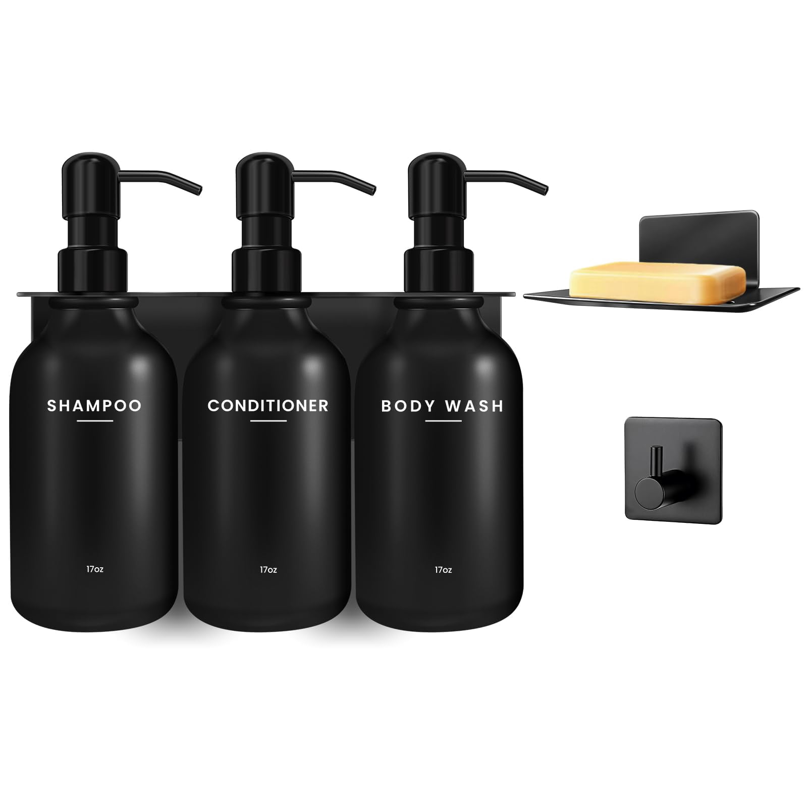 Shampoo and Conditioner Dispenser - Shower Soap Dispenser Wall Mounted - 17 fl oz Set of 3 Black Plastic Bottles with Plastic Pumps & No-Drill Adhesive Holders for Bathroom