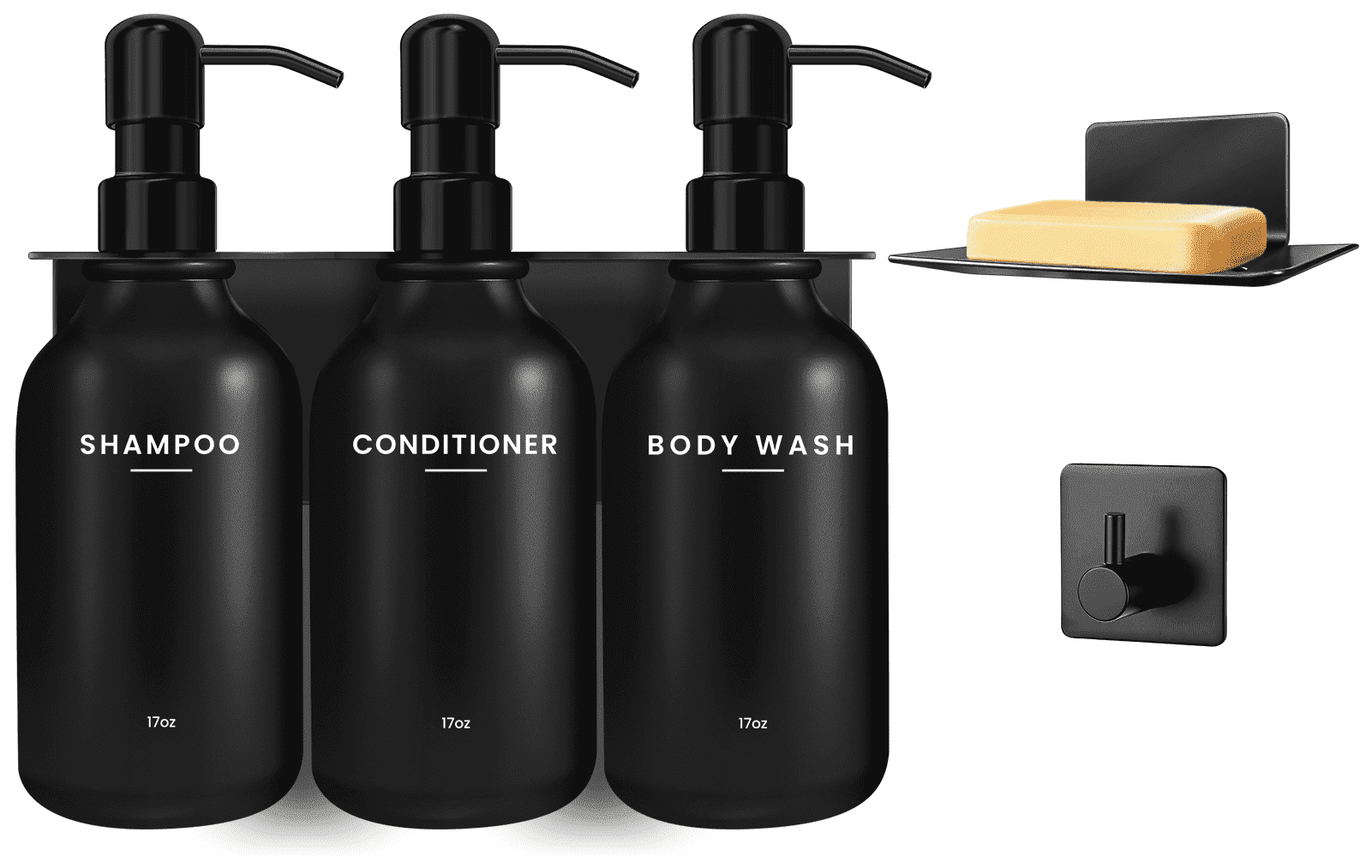 Nurforta Shampoo and Conditioner Dispenser - Shower Soap Dispenser Wall Mounted - 17 fl oz Set of 3 Black Plastic Bottles with Stainless Steel Pumps & No-Drill Adhesive Holders for Bathroom