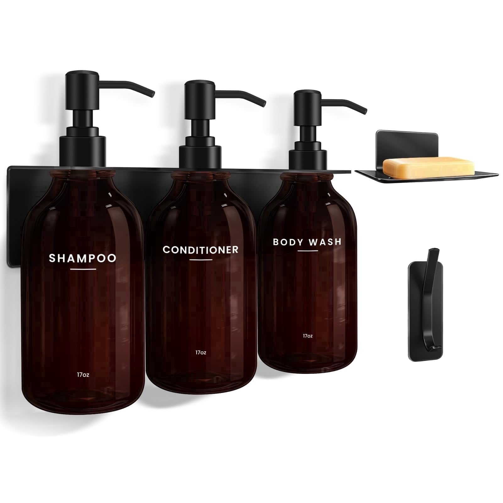 Shampoo and Conditioner Dispenser - Shower Soap Dispenser Wall Mounted - 17 fl oz Set of 3 Brown Plastic Bottles Black Pump - Shampoo Dispenser, Shower Dispenser