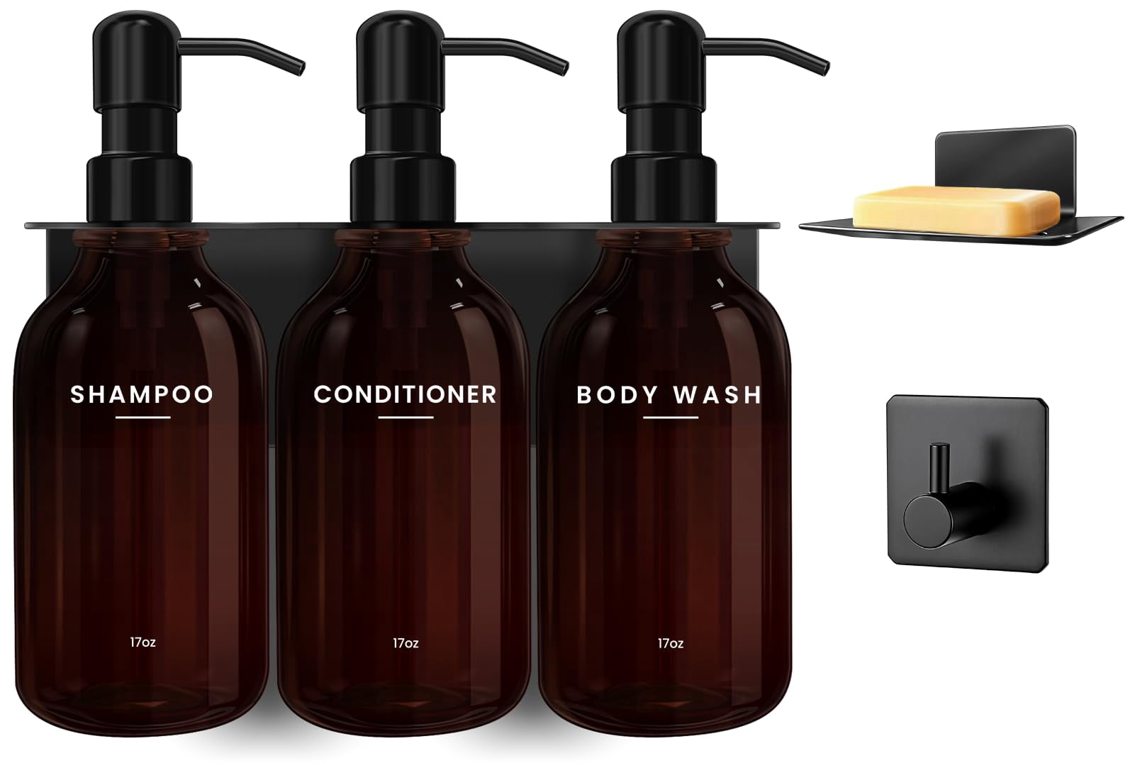 Shampoo and Conditioner Dispenser - Shower Soap Dispenser Wall Mounted - 17 fl oz Set of 3 Brown Plastic Bottles with Plastic Pumps & No-Drill Adhesive Holders for Bathroom