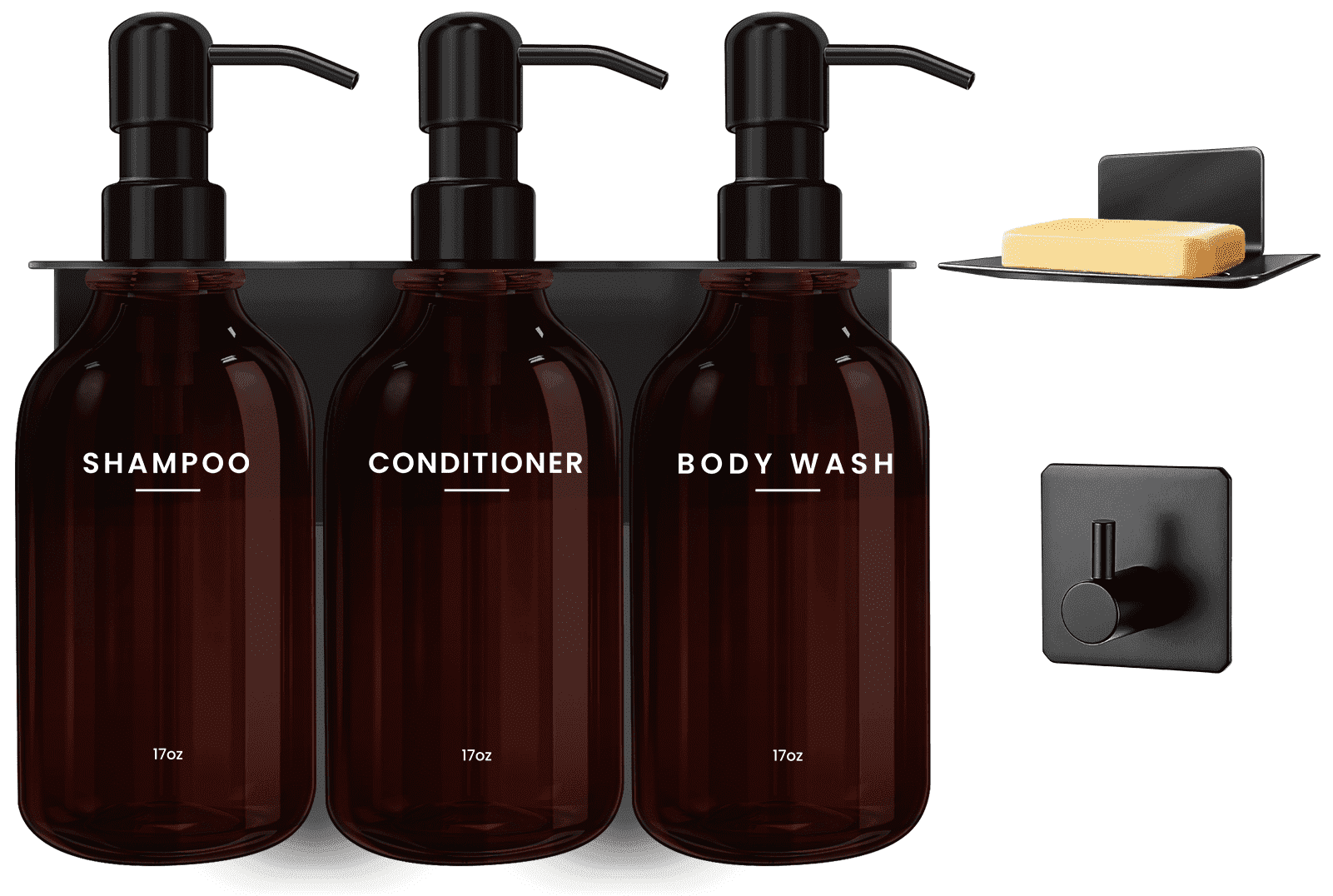 Nurforta Shampoo and Conditioner Dispenser - Shower Soap Dispenser Wall Mounted - 17 fl oz Set of 3 Brown Plastic Bottles with Stainless Steel Pumps & No-Drill Adhesive Holders for Bathroom