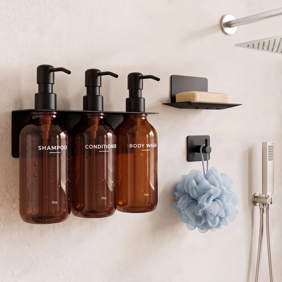 Nurforta Shampoo and Conditioner Dispenser - Shower Soap Dispenser Wall Mounted - 17 fl oz Set of 3 Brown Plastic Bottles with Stainless Steel Pumps & No-Drill Adhesive Holders for Bathroom