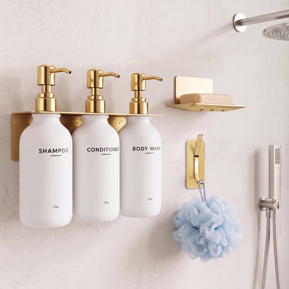 Shampoo and Conditioner Dispenser - Shower Soap Dispenser Wall Mounted - 17 fl oz Set of 3 Gold Plastic Bottles Black Pump - Shampoo Dispenser, Shower Dispenser