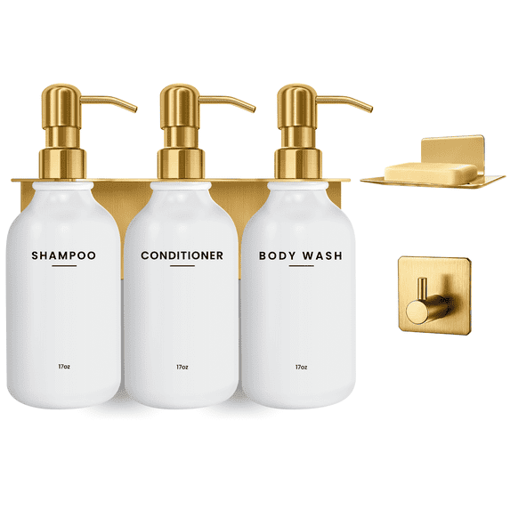 Nurforta Shampoo and Conditioner Dispenser - Shower Soap Dispenser Wall Mounted - 17 fl oz Set of 3 Gold Plastic Bottles with Stainless Steel Pumps & No-Drill Adhesive Holders for Bathroom