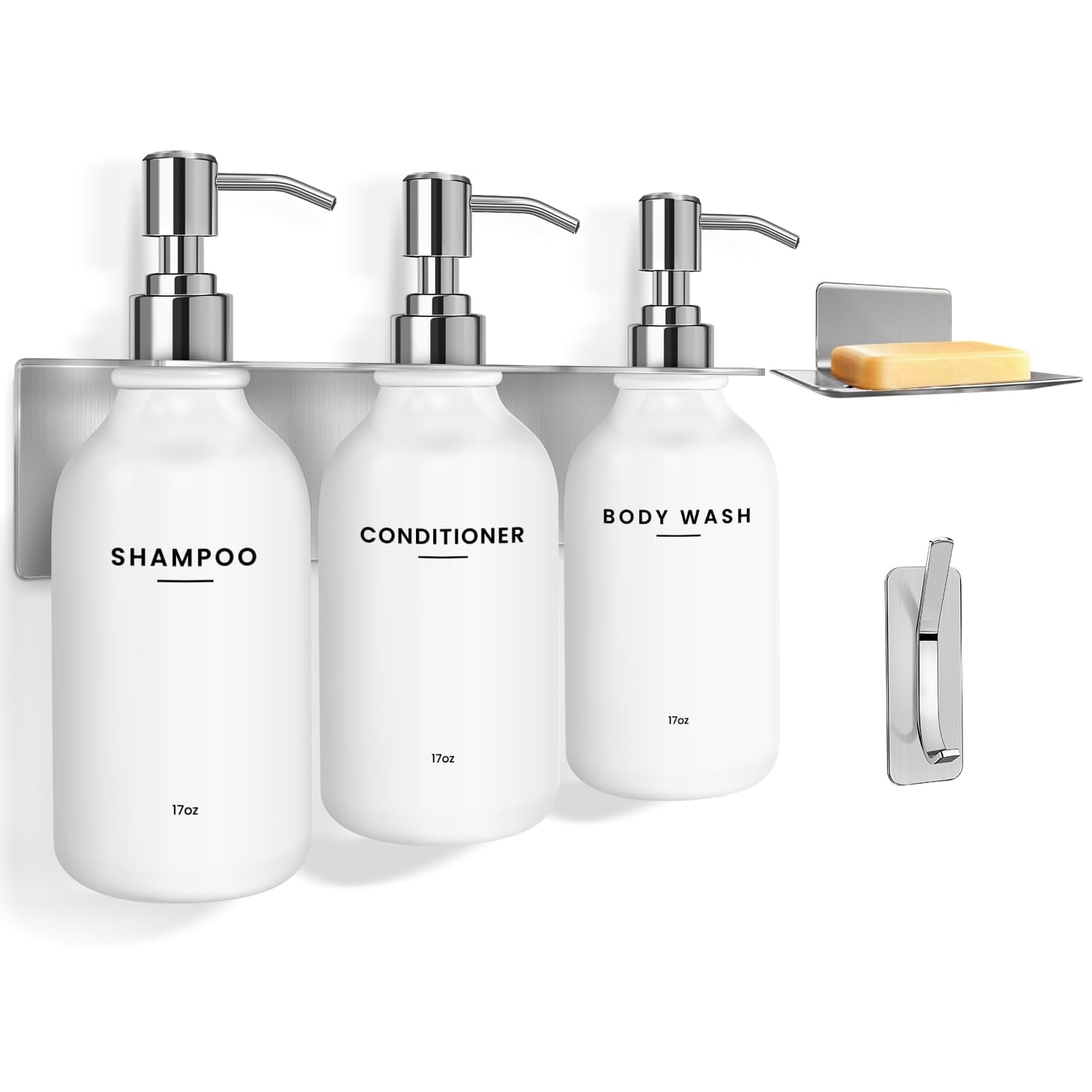 Shampoo and Conditioner Dispenser - Shower Soap Dispenser Wall Mounted - 17 fl oz Set of 3 Silver Plastic Bottles Black Pump - Shampoo Dispenser, Shower Dispenser