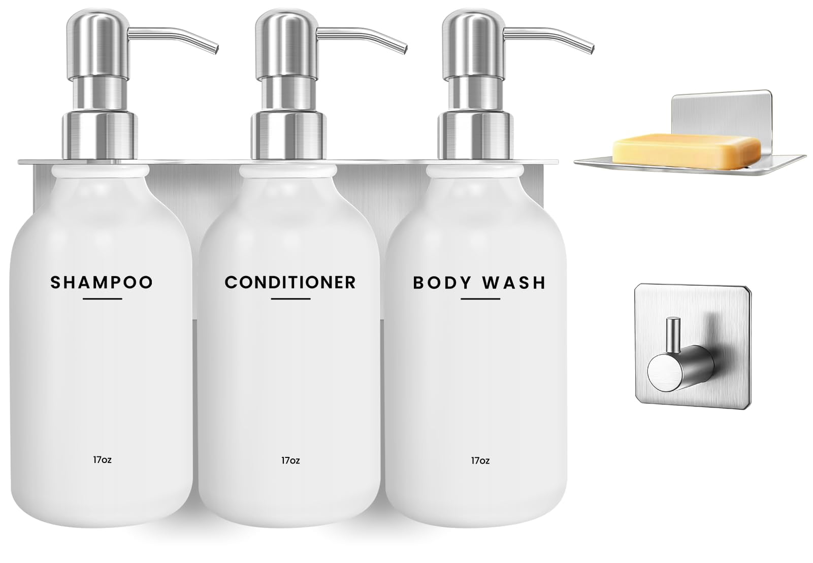 Shampoo and Conditioner Dispenser - Shower Soap Dispenser Wall Mounted - 17 fl oz Set of 3 Silver Plastic Bottles with Pumps & No-Drill Adhesive Holders for Bathroom