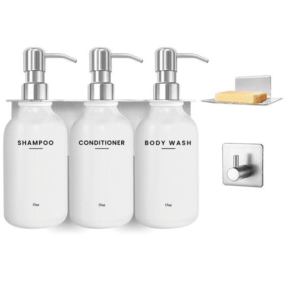 Nurforta Shampoo and Conditioner Dispenser - Shower Soap Dispenser Wall Mounted - 17 fl oz Set of 3 Silver Plastic Bottles with Stainless Steel Pumps & No-Drill Adhesive Holders for Bathroom