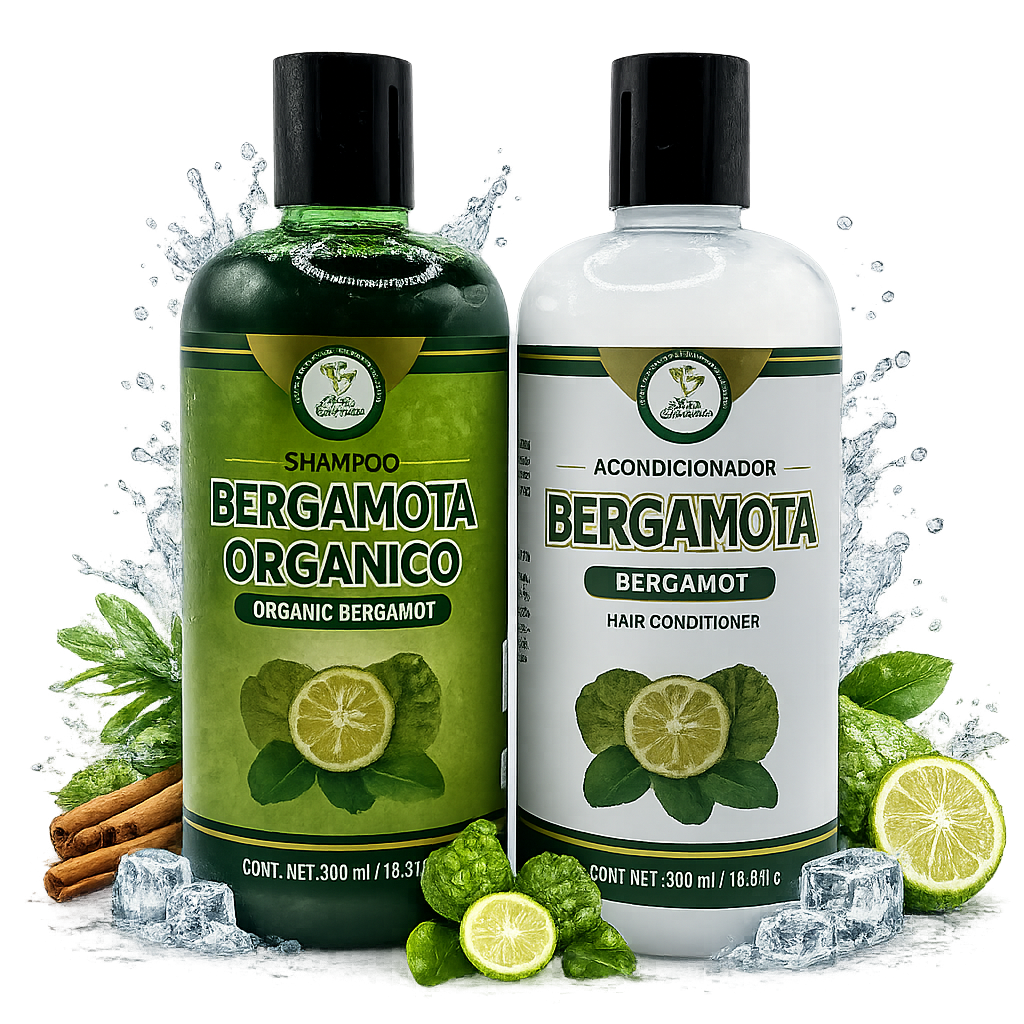 Shampoo Organic Bergamot + Conditioner (16.9 fl oz) with Aloe Vera & Rosemary | SHAMPOO ORGÁNICO BERGAMOTA con Sábila & Romero + Acondicionador - 500 ml - Biotina