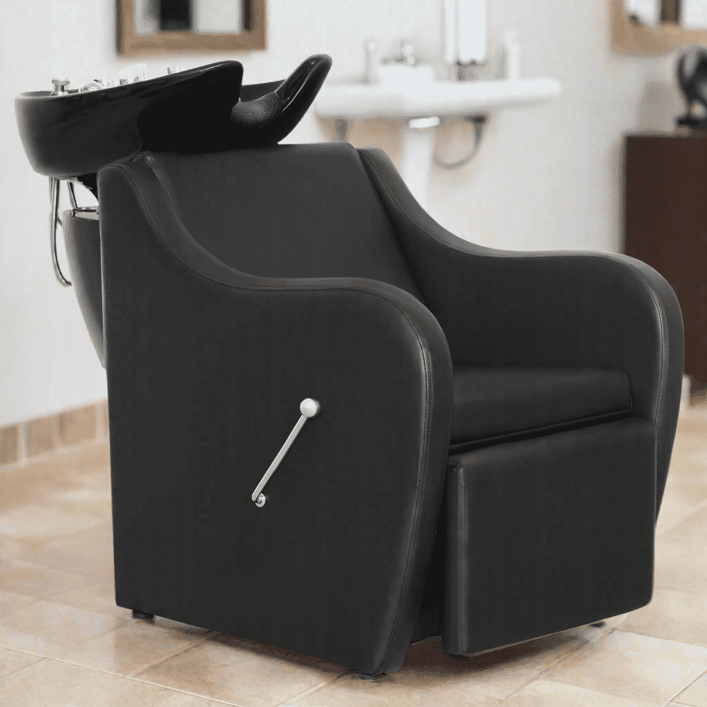 Black PVC Leather Barber Shampoo Chair with Ceramic Bowl and Adjustable Footrest
