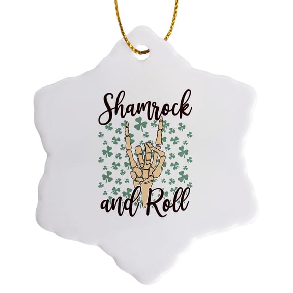 3drose, Shamrock and Roll and a Skeleton Palm. St. Patricks Funny Gift, Art, 3 inch Snowflake Porcelain Ornament