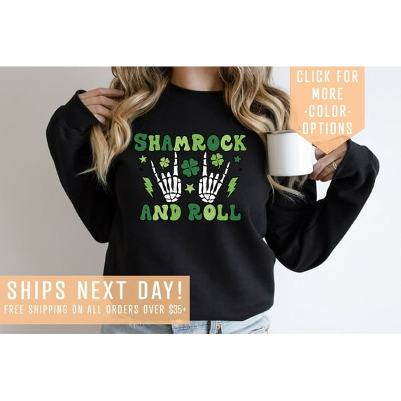 Shamrock And Roll Sweatshirt Gift For St. Patrick's Day, Skeleton Hand Shamrock T-Shirt, Gothic Four Leaf Clover Shirt, Pattys Day Hoodie