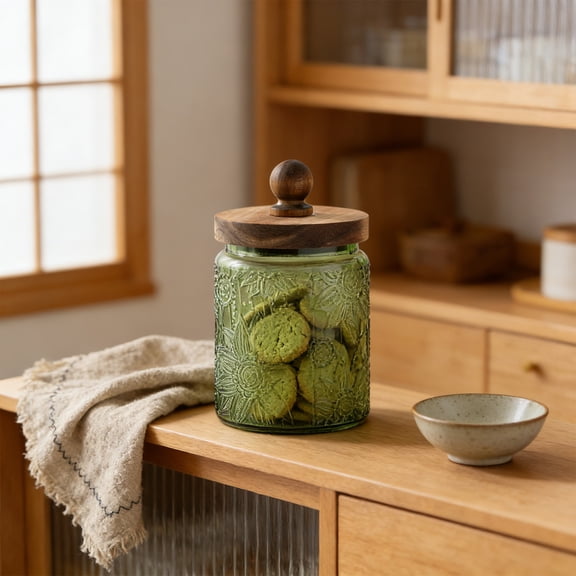 Shamrock Candy Dish,Vintage Kitchen,700ml Green Glass Storage Jar,7×4inch Food Grade Glass Jar,Sealed Airtight Preservation Container,Transparent Visible For Household Kitchen Snacks Tea.