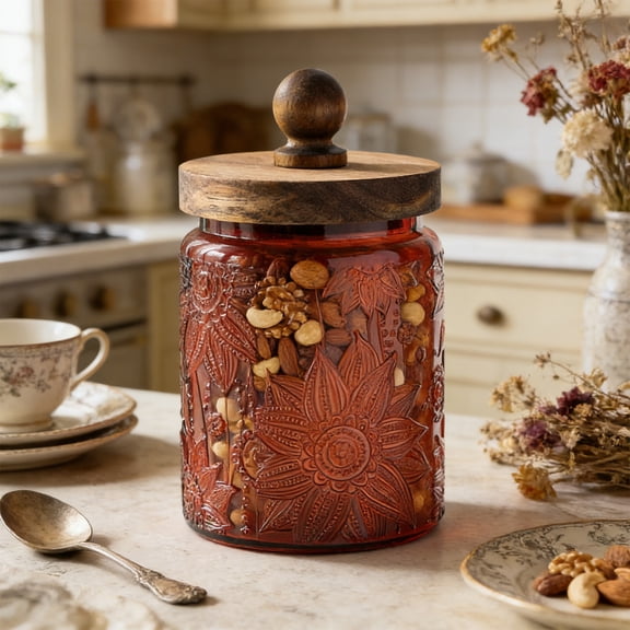 Shamrock Candy Dish,Vintage Kitchen,700ml Red Glass Storage Jar,7×4inch Food Grade Glass Jar,Sealed Airtight Preservation Container,Transparent Visible For Household Kitchen Snacks Tea.