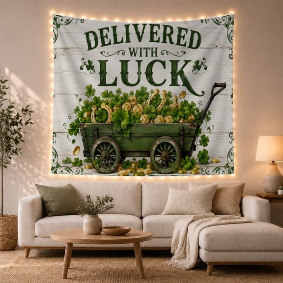 Shamrock Cart with Gold Coins on Whitewashed Wood, Cozy Rustic for Celtic Decor Fans, Good Fortune Art, Housewarming Gift, Tapestry Wall Hanging for Bedroom and Living Room