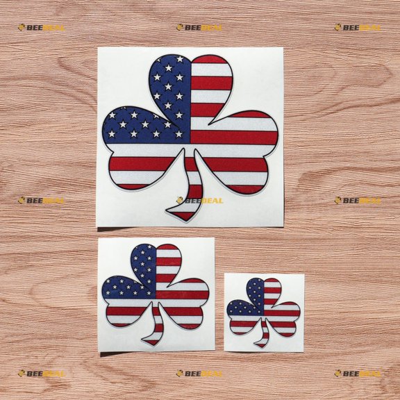 Shamrock Clover 3 Leaf American Flag Irish Vinyl Decal Sticker - 3 Pack Reflective, 2 Inches, 3 Inches, 5 Inches - for Car Boat Laptop Cup Phone