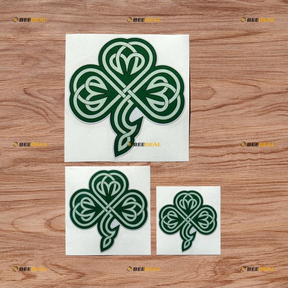 Shamrock Clover 3 Leaf Celtic Knot Ireland Irish Vinyl Decal Sticker - 3 Pack Reflective Green, 3 Inches, 4 Inches, 6 Inches Style E - for Car Boat Laptop Cup Phone