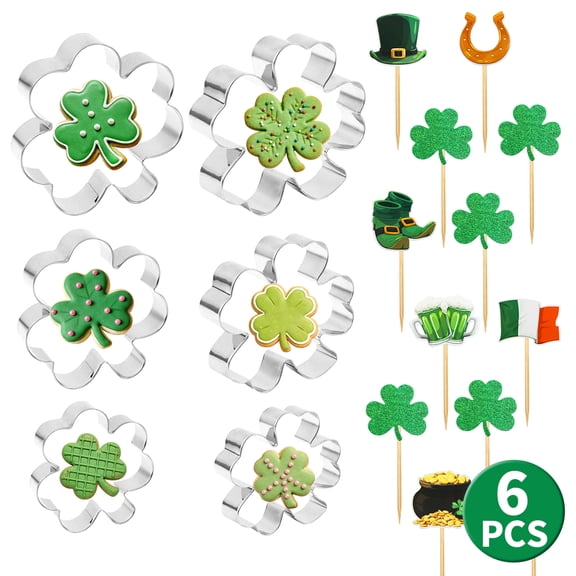Shamrock Cookie Cutters St. Patrick's Party Favors Tiny Metal Clover Biscuit Cutters Sandwich Cutters for St Patty Irish Party Supplies 6Pcs Set 1