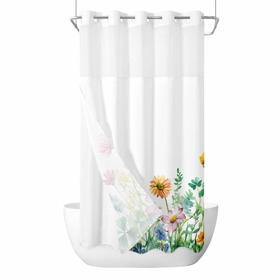 Shamrock Flowers No Hooks Shower Curtain with Snap-in Liner Spring Floral Leaf Shower Curtains for Bathroom, Waterproof, Easy Install, Washable 36"x72"