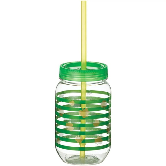 Shamrock Foil Print 16 oz Plastic Mason Cup and Straw